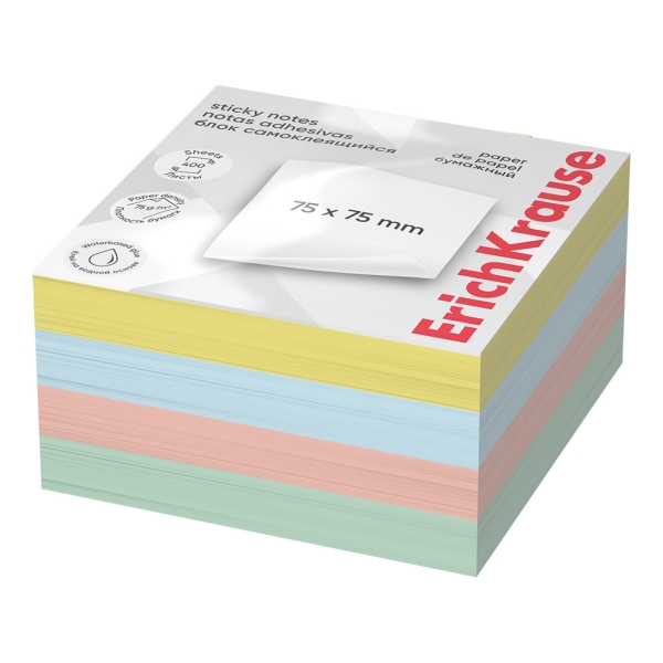 ErichKrause Bloc de 400 Notas Adhesivas Reposicionables - Papel de 75g/m2 - 75x75mm - Pegamento a Base de Agua - Colores Surtidos · Pack de 6 uds.