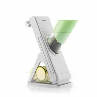Innovagoods Slichen Mandolina Cortadora de Verduras 5 en 1 - Cuchillas Intercambiables - Plegable - Incluye Recipiente - Facil Limpieza - Seguro - 10x26.5x22cm - Color Gris, Verde y Transpar