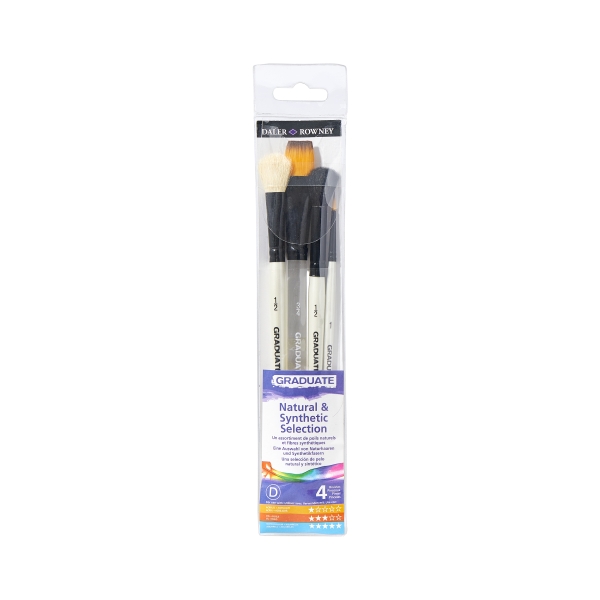 Daler Rowney Graduate Pack de 4 Pinceles para Acuarelas - Pelo Sintetico y de Cabra - Mango Corto