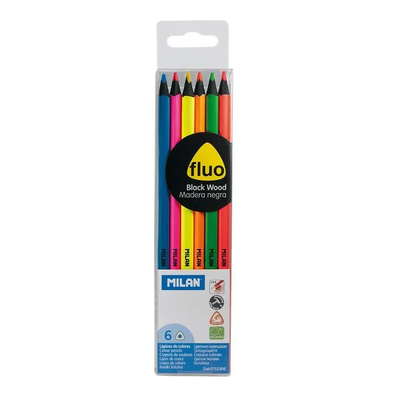 Milan Fluo Pack de 6 Lapices Triangulares de Colores - Mina 2.9mm - Ergonomicos - Resistente a la Rotura - Madera de Tilo - Colores Surtidos