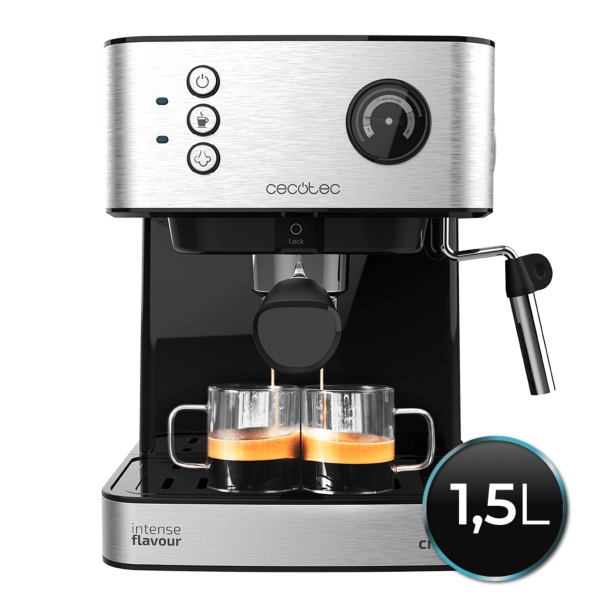 Cecotec Power Espresso 20 Professionale Cafetera Espresso con Vaporizador - Capacidad 1.5L - Presion 20bar - Deposito de 1.5L - Acero Inoxidable - Vaporizador - Calientatazas - Color Negro y