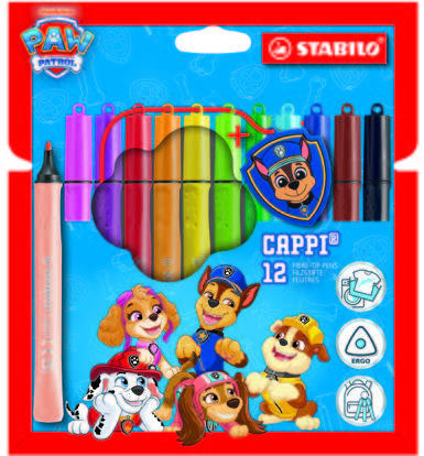 Stabilo Cappi Patrulla Canina Pack con 12 Rotuladores - Trazo de 1mm aprox. - Anilla en el Tapon - Incluye Insignia de Chase - Colores Surtidos