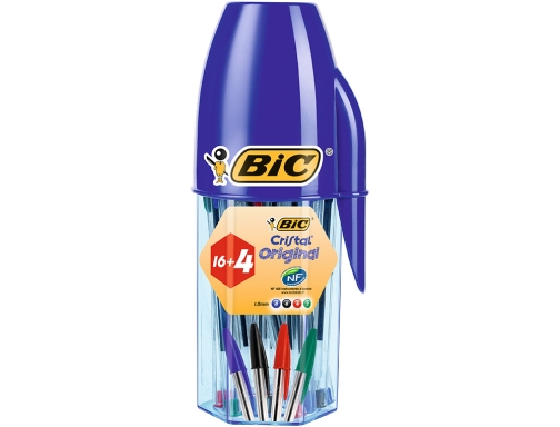 Bic Cristal Original Megatubo con 16+4 Gratis Boligrafos de Bola - Punta redonda de 1mm - Trazo 0.4mm - Tinta con Base de Aceite - Colores Surtidos