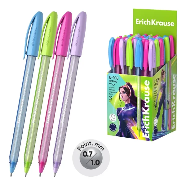 ErichKrause U-108 Stick Spring Boligrafo con Capuchon - Modelos Surtidos - Trazo 0.26mm - Tinta de Baja Viscosidad - Tapa Ventilada - Color Azul · Pack de 50 uds.