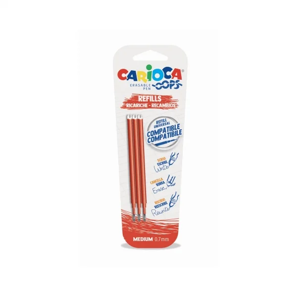 Carioca Oops Pack de 3 Recambios para Boligrafo Borrable - Tinta Termo Sensible - Punta de 0.7mm - Compatibles con Boligrafo Oops - Color Rojo