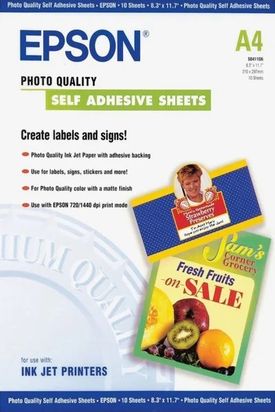 Epson Photo Quality Self Adhesive Pack de 10 Hojas Autoadhesivas - A4 - Gramaje de 167g/m2 - Calidad Fotografica - Mate - Compatible con Impresoras Inkjet - Color Blanco