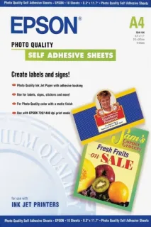 Epson Photo Quality Self Adhesive Pack de 10 Hojas Autoadhesivas - A4 - Gramaje de 167g/m2 - Calidad Fotografica - Mate - Compatible con Impresoras Inkjet - Color Blanco