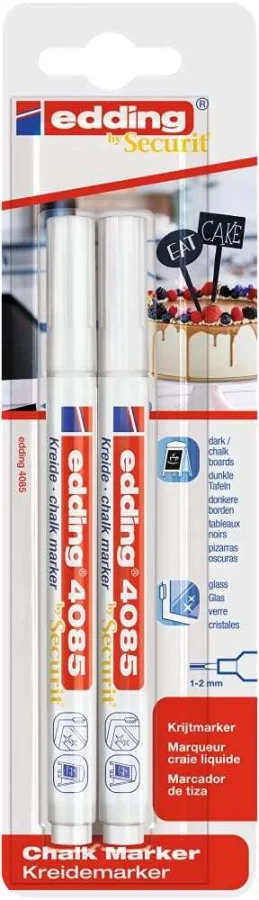 Edding 4085 Pack de 2 Rotuladores de Tiza Liquida - Punta Redonda - Trazo 1-3mm - Olor Neutro - Color Blanco