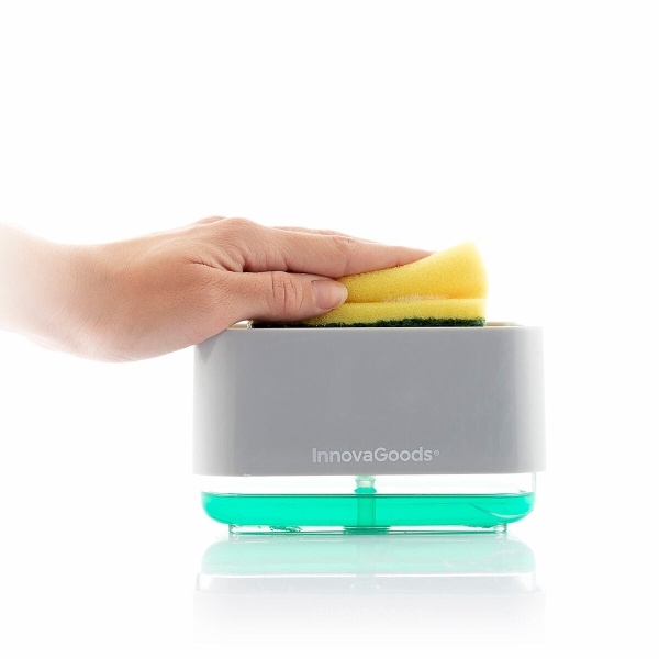 Innovagoods Pushoap Dispensador de Jabon 2 en 1 - Capacidad 330ml - ABS y Poliestireno - Multifuncion - Antibacteriano - Contenedor Transparente - 13.7x7.5x9.7cm - Color Gris