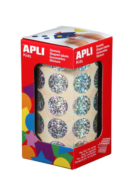 Apli Gomets Redondos Holograficos - Tamaño Ø 20mm - Adhesivo Permanente - 59 Hojas Pretroqueladas - 1770 Gomets por Rollo - Ideal para Escuelas y Talleres Infantiles
