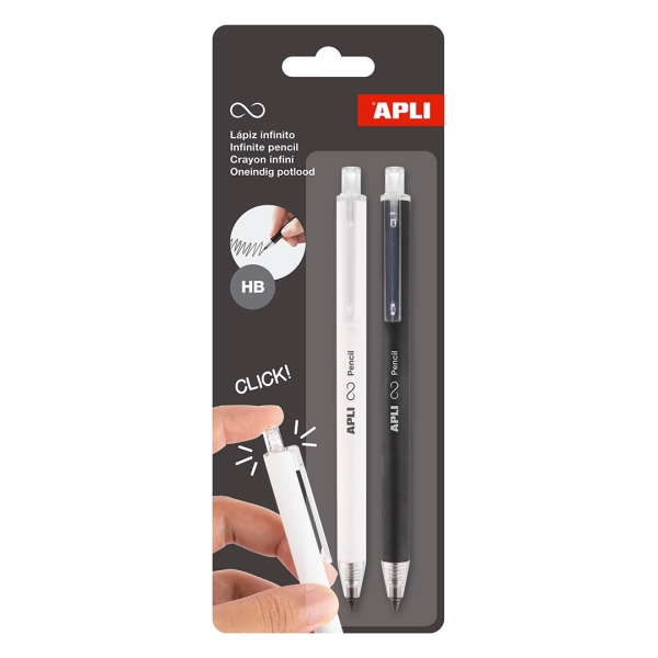 Apli Infinite Pencil Pack con 2 Lapices Infinitos Retractiles HB - Colores Blanco y Negro