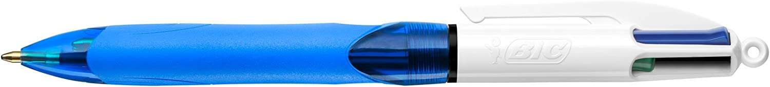 Bic 4 Colours Grip Boligrafo de Bola Retractil con Grip - Punta Media de 1mm - Trazo de 0.4mm - Tinta con Base de Aceite - Cuerpo Blanco/Azul Transparente - 4 Colores · Pack de 12 uds.