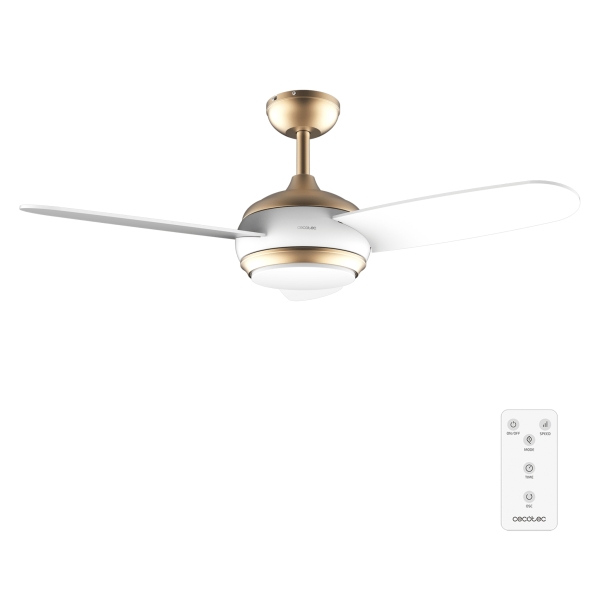Cecotec EnergySilence Aero 4265 GoldWhite Ventilador de Techo con 3 Aspas y Luz Integrada - 65W - Diametro de 42" - LED de 18W - Mando a Distancia - Temporizador - 3 Velocidades - Color Blanco