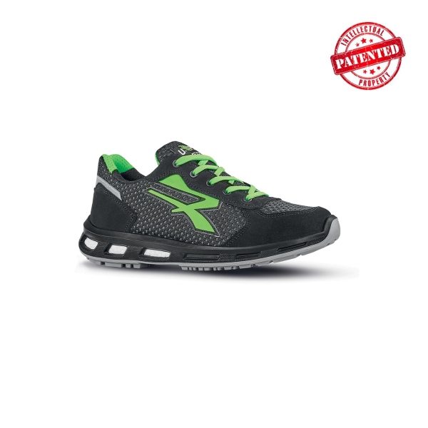 Upower Nate O ESD Calzado de Seguridad Bajos - Talla 35 - Parte Superior de Nailon Ultraflexible y Gamuza Suave, Antiarrugas, Antideslizante, Suela de Poliuretano, Proteccion 01 FO SR - Color Gris/Verde