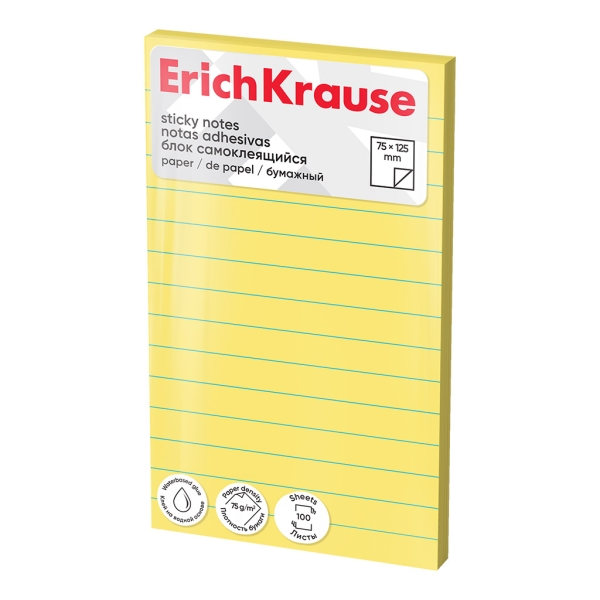 ErichKrause Bloc de 100 Notas Adhesivas Reposicionables - Papel de 75g/m2 - 75x125mm - Pegamento a Base de Agua - Color Amarillo · Pack de 12 uds.