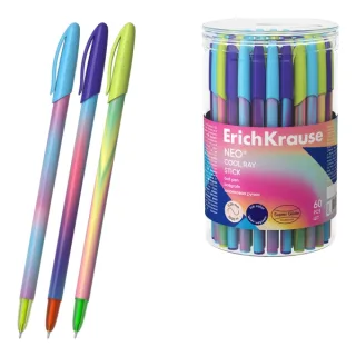 ErichKrause Neo Stick Cool Ray Boligrafo con Capuchon - Modelos Surtidos - Trazo 0.26mm - Tinta de Baja Viscosidad - Tapa Ventilada - Color Azul · Pack de 60 uds.