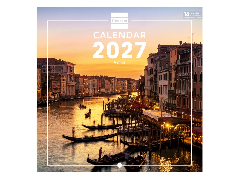 Finocam Venecia Calendario de Pared Internacional - 16 Meses 26/27 - Mes Vista - 180x180mm - Papel de 170g/m2 - Imagenes Tematicas Surtidas - Espacio para Notas - Multilenguaje