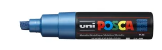 Posca PC-8K Marcador de Pintura - Punta Biselada Acrilica 8mm - Tinta Base al Agua - No Permanente - Resistente a la Luz - Inodoro - Ideal para Carteleria y Decoracion - Color Azul Metálico