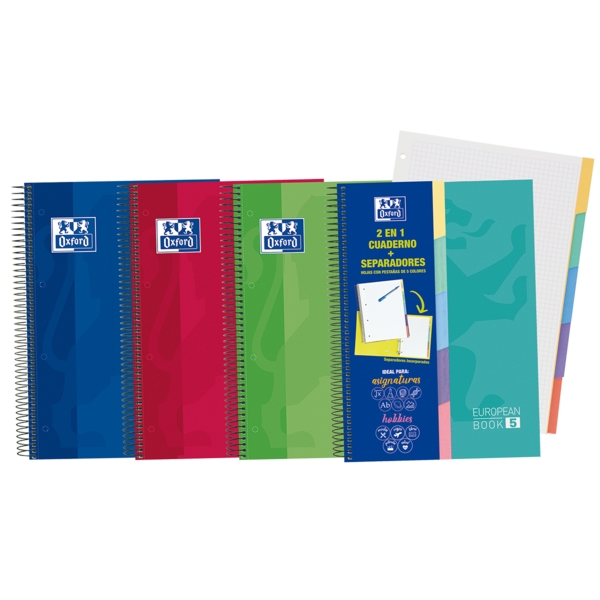 Oxford School Classic A4+ Europeanbook - Tapa Extradura Resistente - 100 Hojas Cuadriculadas 5x5 - 5 Pestañas Troqueladas - Colores Surtidos
