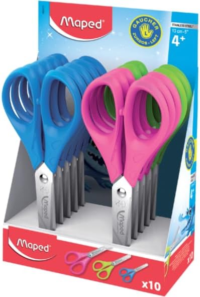 Maped Essentials Zurdos Tijera Escolar Punta Redonda 13cm - Hojas de Acero Inoxidable - Mango de Plastico Simetrico - Colores Surtidos · Pack de 10 uds.