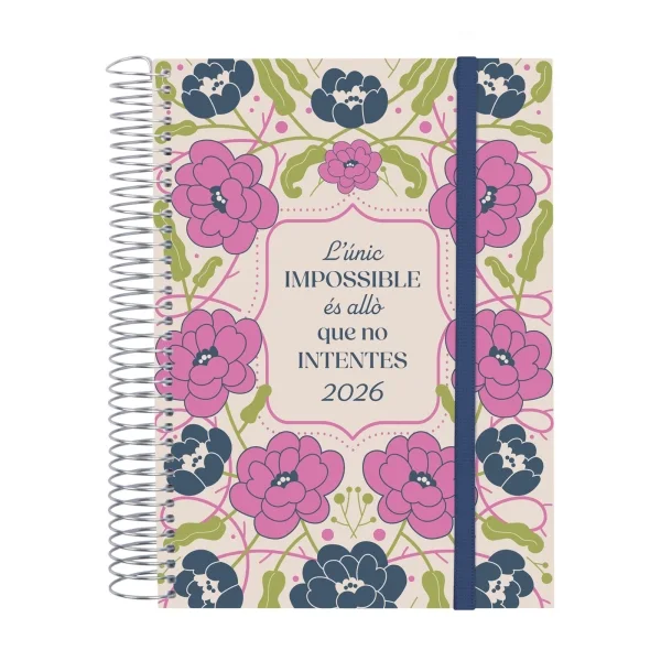 Finocam Design Collection Agenda de Espiral en Catalan - Anual 2026 - Tapa Ligera - Formato E10 - 172x29x212mm - 1 Dia por Pagina - Tematica de Flores
