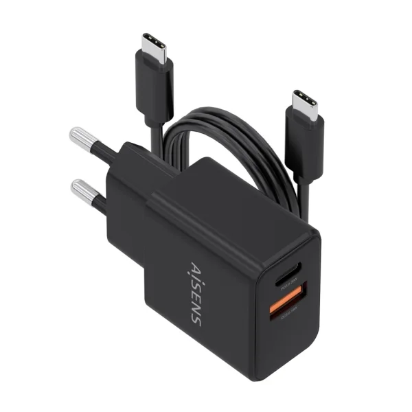 Aisens Cargador Gan 20W - 1xUSB-C PD3.0 - 1xUSB-A QC3.0 - Cable USB-C 1m - Color Negro