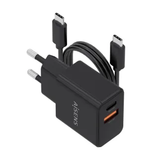 Aisens Cargador Gan 20W - 1xUSB-C PD3.0 - 1xUSB-A QC3.0 - Cable USB-C 1m - Color Negro