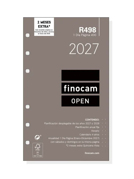 Finocam R498 Recambio para Agenda Open - Anual 2027 - 1 Dia por Pagina - Formato 400 - 91x152mm - 6 Taladros - Papel de 70g/m2 - Color Blanco