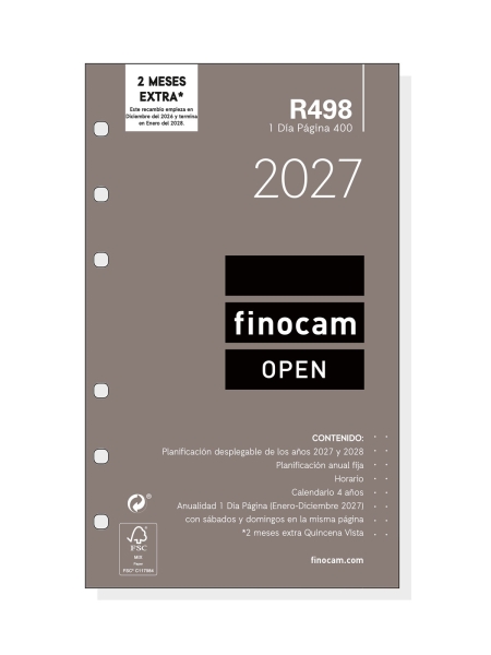 Finocam R498 Recambio para Agenda Open - Anual 2027 - 1 Dia por Pagina - Formato 400 - 91x152mm - 6 Taladros - Papel de 70g/m2 - Color Blanco