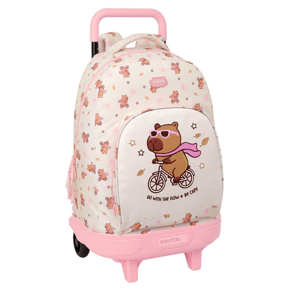 Safta Capibara Mochila con Carro - Extraible - 33L - Portabotellas - Tarjeta de Identificacion Personal - Cremallera con Doble Tirador - Asa de Mano - Bolsillo Frontal - 33x45x22cm - Color Rosa Pastel