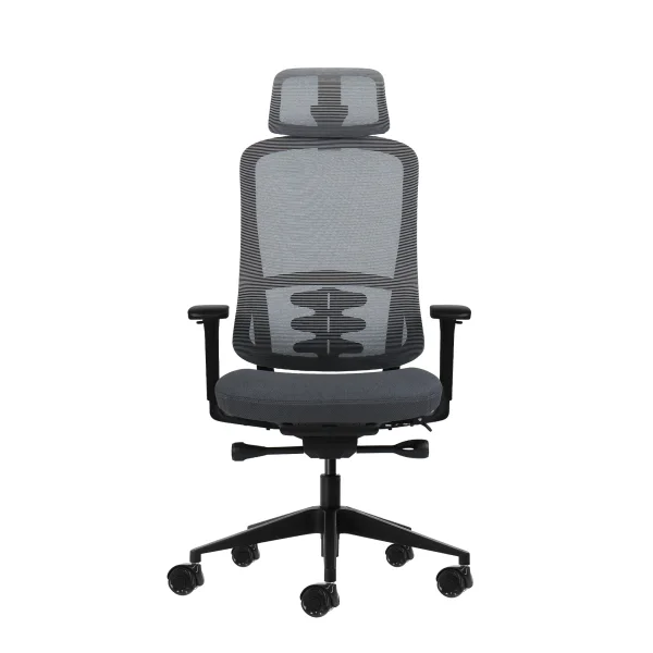 Oqonos Cherg 019 Silla de Oficina Ergonomica con Reposacabezas Cervical Ajustable, Mecanismo Autobalanceado, Reposabrazos 4D, Asiento Deslizable y Ruedas de Silicona - Gris con Estructura Negra