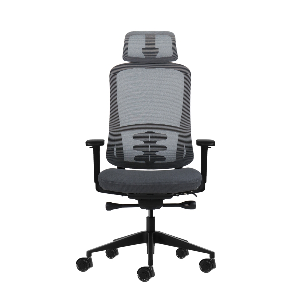 Oqonos Cherg 019 Silla de Oficina Ergonomica con Reposacabezas Cervical Ajustable, Mecanismo Autobalanceado, Reposabrazos 4D, Asiento Deslizable y Ruedas de Silicona - Gris con Estructura Negra