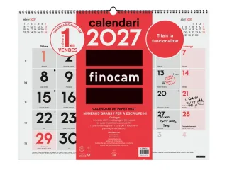 Finocam Neutro Calendario de Pared en Catalan - Anual 2027 - Mes Vista - Formato XL - 540x420mm - Espiral Doble - Papel de 135g/m2 - Espacio para Escribir - Numeros Grandes - Color Rojo y Bl