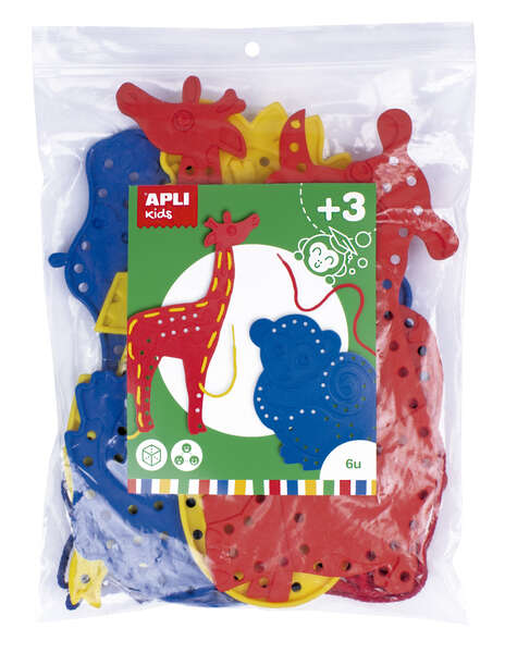 Apli Juego de Cosedores Animales - Formato Maxi - 6 Animales de Plastico con Agujeros - 18 Cuerdas de Colores - Desarrolla Psicomotricidad Fina y Coordinacion Mano-Ojo - Favorece Imaginacion