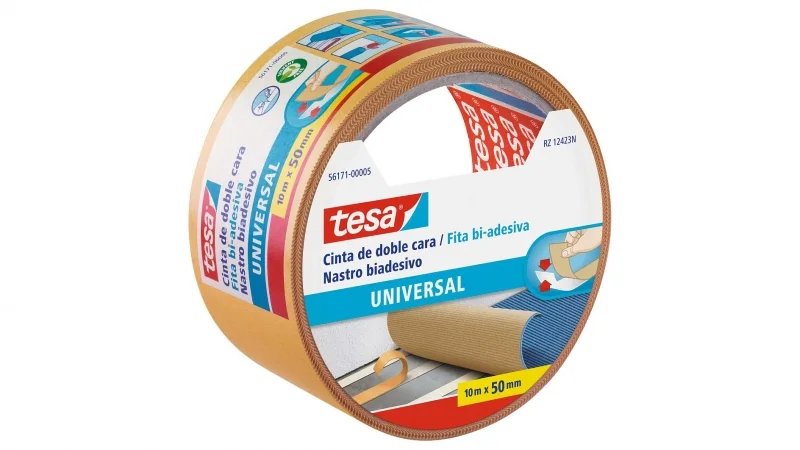 Tesa Universal Cinta Adhesiva Doble Cara 50mm x 10 Metros - Para Fijar Moquetas en Diferentes Superficies - Para Manualidades y Decoracion - Color Blanco