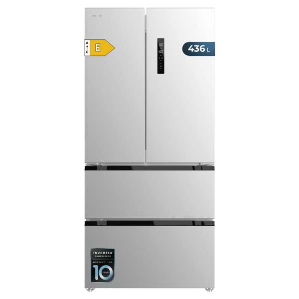Cecotec Bolero CoolMarket FD 436 Inox E Frigorifico Puerta Francesa de 4 Puertas - Capacidad 463L - Compresor Inverter - Modo Vacaciones - Frio Envolvente - Clase E - 83.6x63.6x183cm - Color