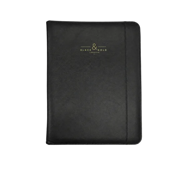 Dohe Black & Gold Portadocumentos de Mano con Bloc de 25 Hojas Lisas - Cubierta en Polipiel - Bolsillo Interior y Ventana para Tarjetas - Color Negro