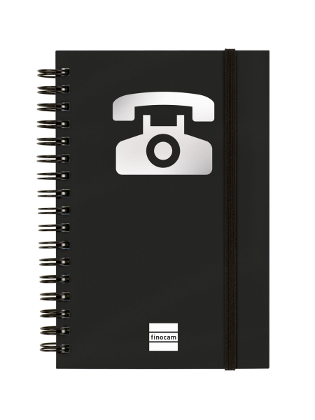 Finocam Phone Indice Telefonico - Formato 8º - 100x150mm - Tapas de Carton Forrado - Papel de 120g/m2 - Cierre con Goma Elastica - Espiral Doble Metalica - Color Negro