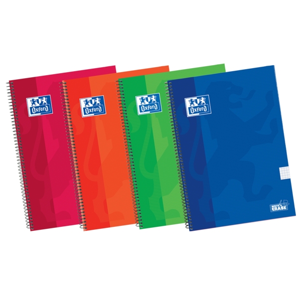Oxford School Classic Write&Erase 4º Cuaderno Espiral - Tapa Extradura Resistente - 4x4 con Margen - 80 Hojas - Colores Surtidos · Pack de 5 uds.