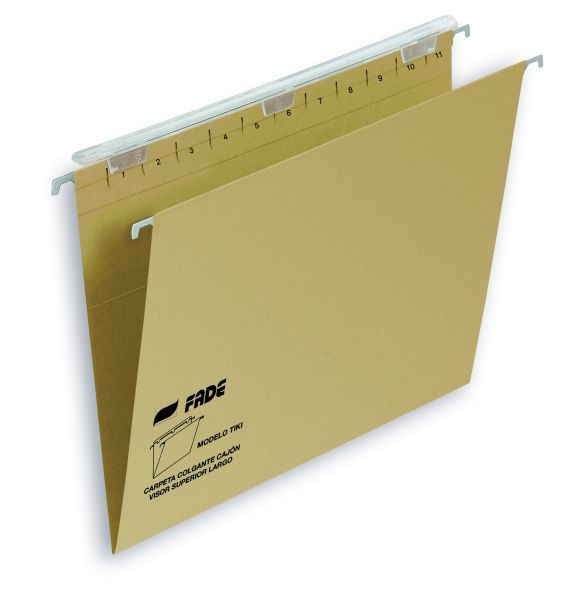 Fade Tiki Carpeta Colgante - Formato Folio - Lomo en V - Visor con Efecto Lupa - Varilla Metalica - Cartulina de 220g - Certificado Ecologico Blue Angel - Color Marron · Pack de 25 uds.