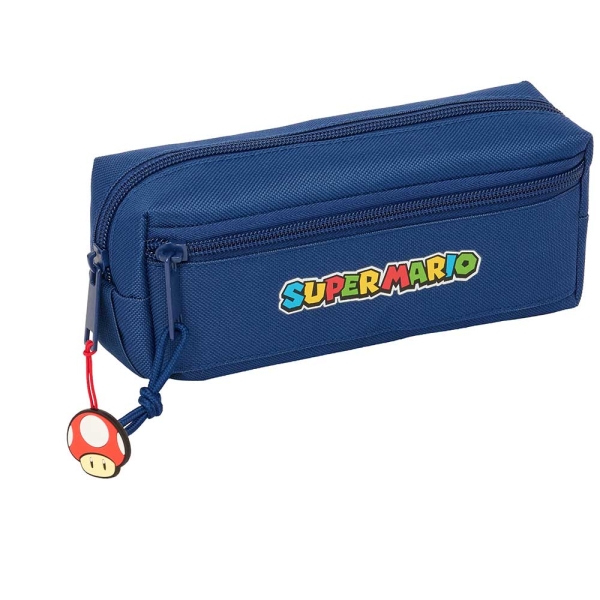 Safta Super Mario Mamma Mia Portatodo - 3 Compartimentos con Cremalleras - Goma Elastica - 0.98L - 220x60x85mm - Color Azul Oscuro