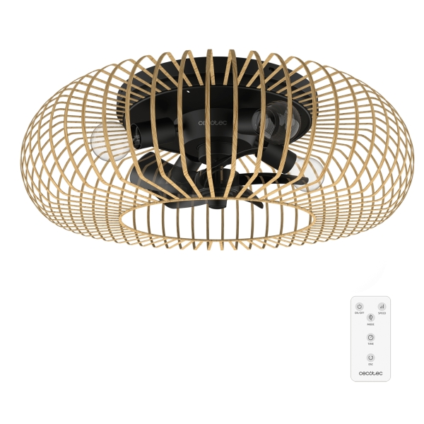 Cecotec EnergySilence LampAero 600 Natural WhiteWood Ventilador de Techo con 5 Aspas y Luz - 20W - Tulipa de Madera - Lampara con 3 Tonos - Temporizador - 3 Velocidades - Modo Invierno - Color Negro