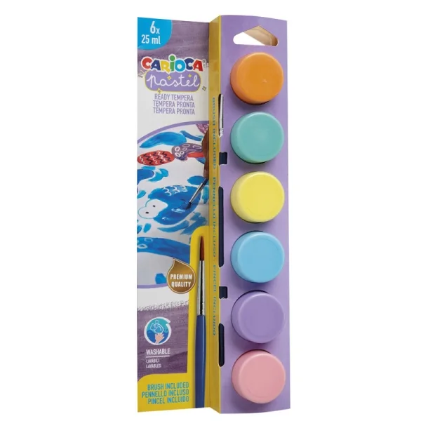 Carioca Pastel Pack de 6 Temperas en Botes de 25ml + Pincel - Superlavables - Mezclables - Colores Pastel Surtidos