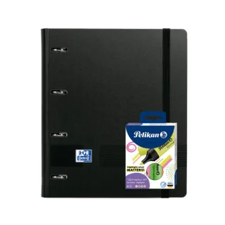 Oxford Europeanbinder Live & Go A4+ Pack con Carpeta Tamaño A4+ con Recambio de 100 Hojas + Pack con 4 Marcadores Pelikan Testmarker 490 - Tapa de Plastico Polyfoam - Cierre con Goma - Color