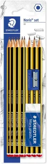 Staedtler Noris 120 Pack de 10 Lapices de Grafito Hexagonales 2HB + 1 Goma de Borrar Plastic 526 50 + 1 Sacapuntas 510 50 - Resistencia a la Rotura - Madera de Bosques Sostenibles