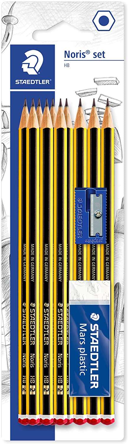Staedtler Noris 120 Pack de 10 Lapices de Grafito Hexagonales 2HB + 1 Goma de Borrar Plastic 526 50 + 1 Sacapuntas 510 50 - Resistencia a la Rotura - Madera de Bosques Sostenibles