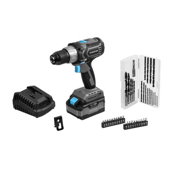 Cecotec CecoRaptor Perfect Drill 4020 Brushless Ultra Taladro Atornillador - Torque 46Nm - 2000rpm - Bateria 4Ah 20V - Luz LED - Incluye Accesorios - Motor sin Escobillas - Color Negro y Gri