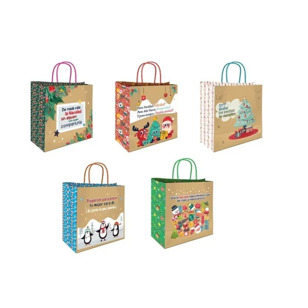 Bismark Bolsa de Papel Kraft con Mensajes Navideños - Medidas 26x8x24cm - 5 Diseños Diferentes · Pack de 25 uds.