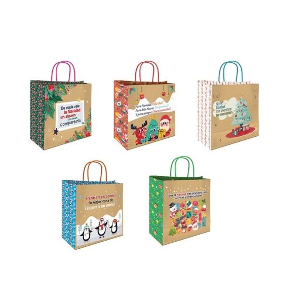 Bismark Bolsa de Papel Kraft con Mensajes Navideños - Medidas 26x8x24cm - 5 Diseños Diferentes · Pack de 25 uds.