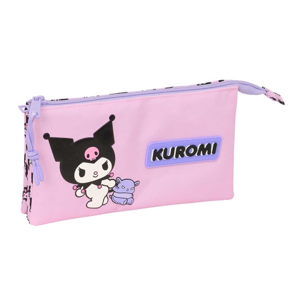 Safta Kuromi Portatodo - 3 Compartimentos con Cremallera - Bolsillo Interior Central - 22x12x3cm - Color Rosa